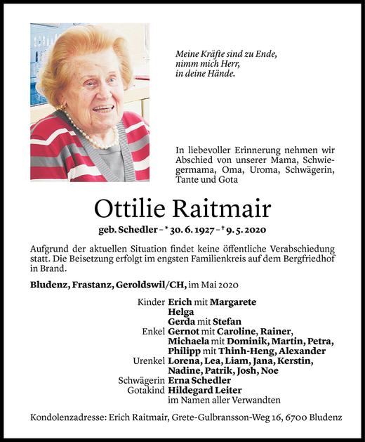Todesanzeige von Ottilie Raitmair von Vorarlberger Nachrichten
