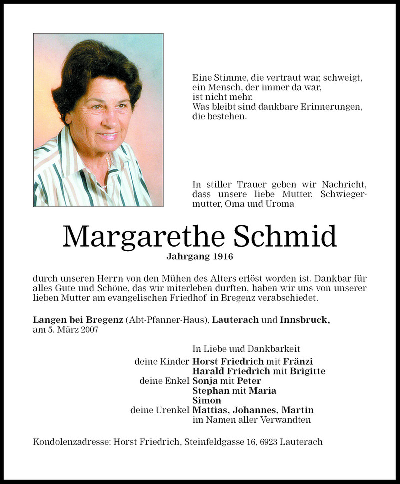 Todesanzeigen Von Margarethe Schmid Todesanzeigen Vorarlberger