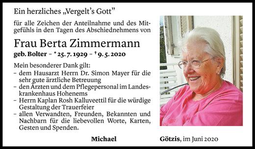 Todesanzeige von Berta Zimmermann von Vorarlberger Nachrichten