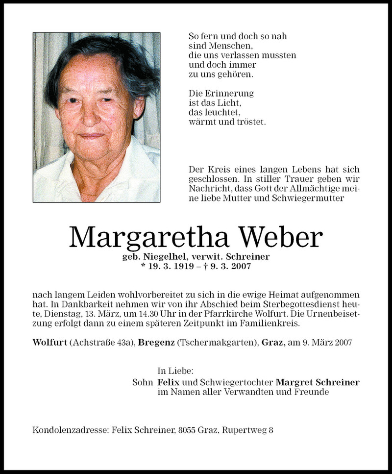 Todesanzeigen Von Margaretha Weber Todesanzeigen Vorarlberger Nachrichten