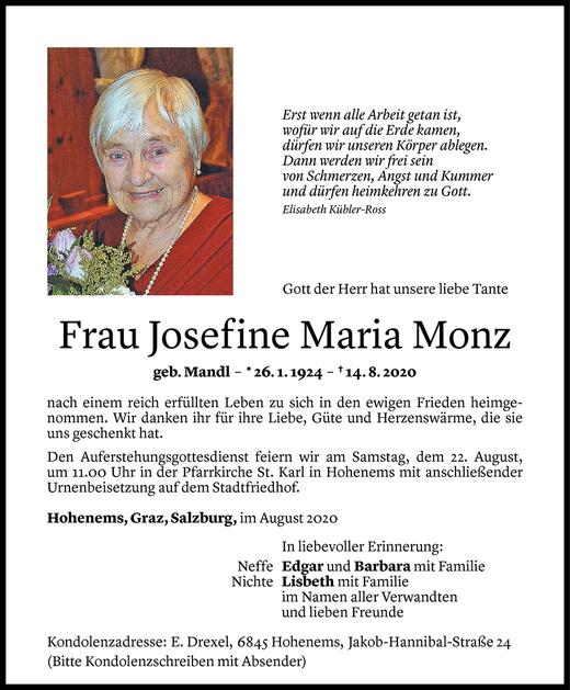 Todesanzeigen Von Josefine Maria Monz Todesanzeigen Vorarlberger