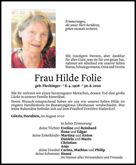 Todesanzeigen Von Hilde Folie Todesanzeigen Vorarlberger Nachrichten