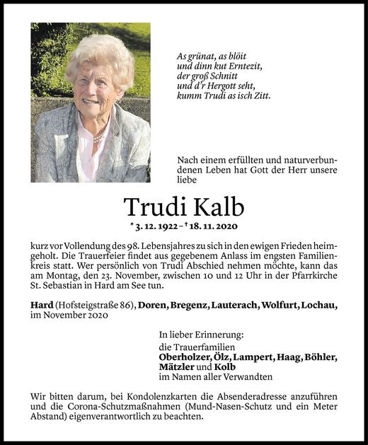 Todesanzeigen Von Trudi Kalb Todesanzeigen Vorarlberger Nachrichten