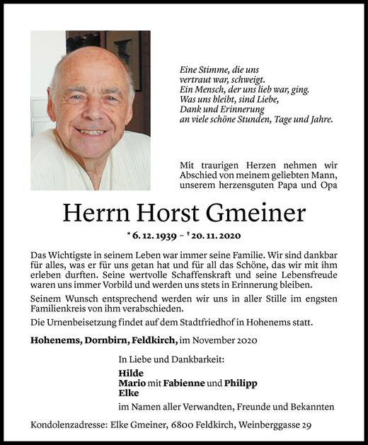 Todesanzeigen Von Horst Gmeiner Todesanzeigen Vorarlberger Nachrichten