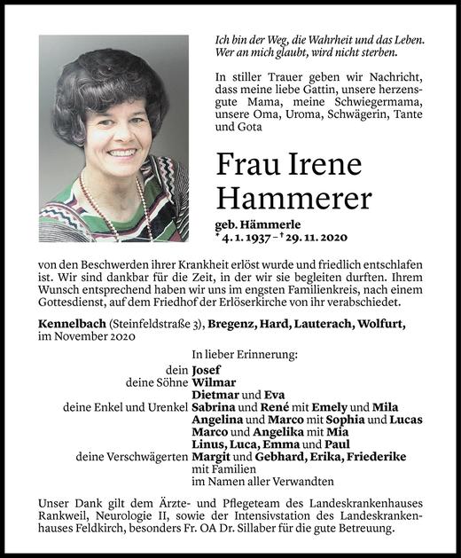 Todesanzeigen Von Irene Hammerer Todesanzeigen Vorarlberger Nachrichten