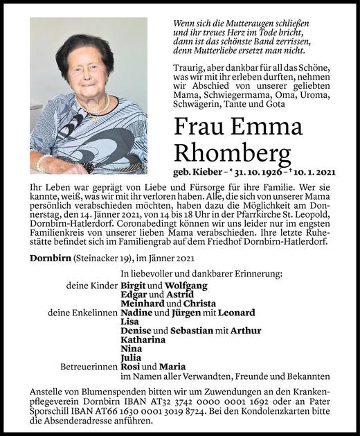 Todesanzeigen Von Emma Rhomberg Todesanzeigen Vorarlberger Nachrichten