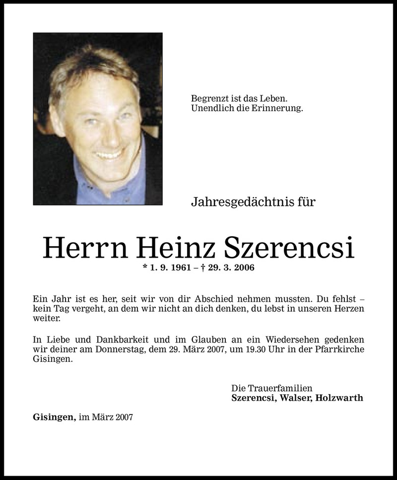 Todesanzeigen Von Heinz Szerencsi Todesanzeigen Vorarlberger Nachrichten