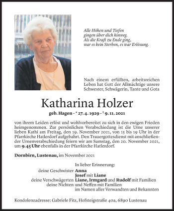 Todesanzeigen Von Katharina Holzer Todesanzeigen Vorarlberger Nachrichten