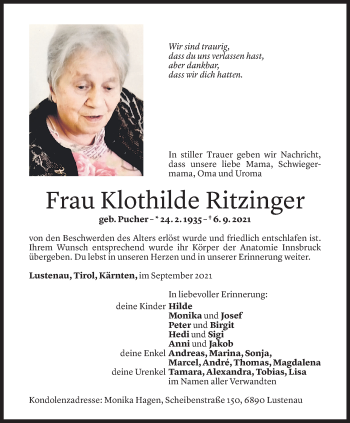 Todesanzeigen Von Klothilde Ritzinger Todesanzeigen Vorarlberger