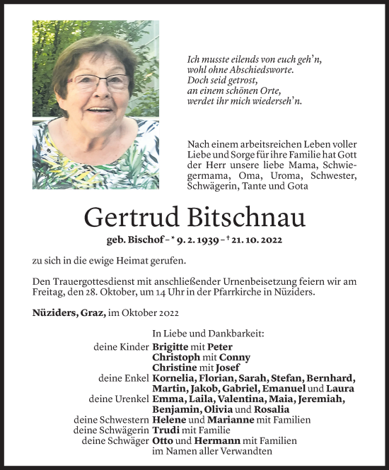 Todesanzeigen Von Gertrud Bitschnau Todesanzeigen Vorarlberger