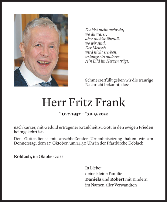 Todesanzeigen Von Fritz Frank Todesanzeigen Vorarlberger Nachrichten