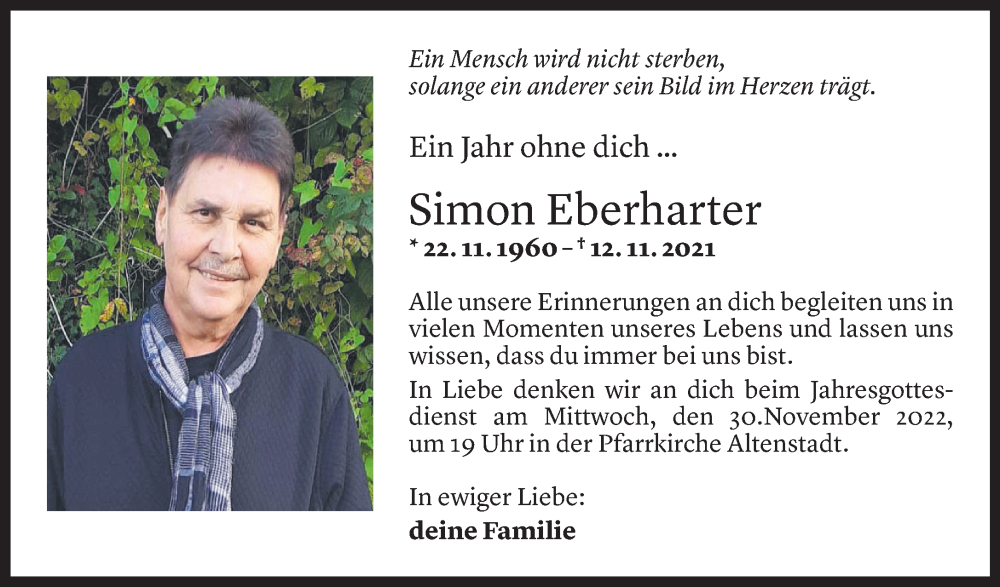 Todesanzeigen Von Simon Eberharter Todesanzeigen Vorarlberger Nachrichten