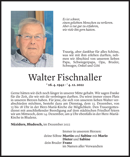 Todesanzeigen Von Walter Fischnaller Todesanzeigen Vorarlberger