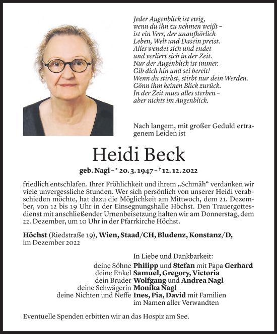 Todesanzeigen Von Heidi Beck Todesanzeigen Vorarlberger Nachrichten