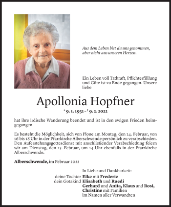Todesanzeigen Von Apollonia Hopfner Todesanzeigen Vorarlberger