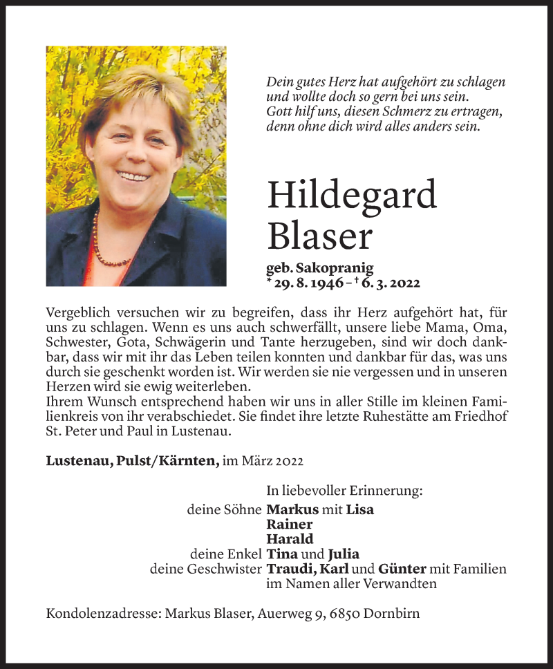 Todesanzeigen Von Hildegard Blaser Todesanzeigen Vorarlberger Nachrichten