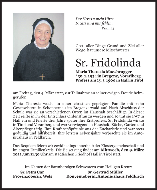 Todesanzeigen Von Schwester Fridolinda Maria Theresia Moosbrugger