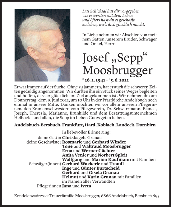 Todesanzeigen Von Josef Moosbrugger Todesanzeigen Vorarlberger