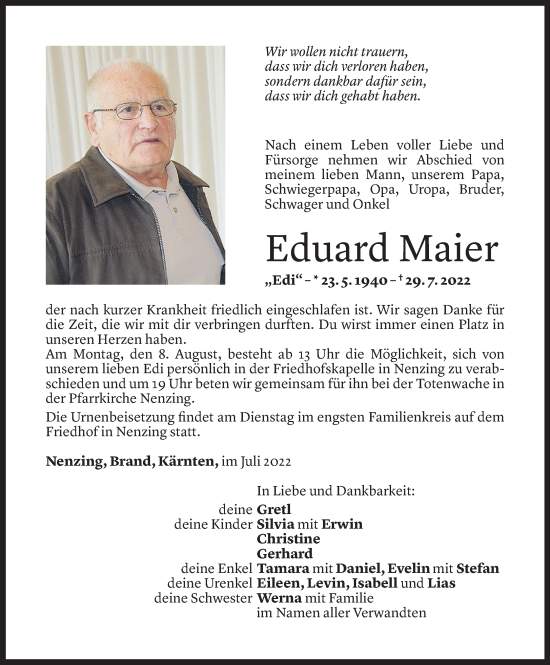 Todesanzeigen Von Eduard Maier Todesanzeigen Vorarlberger Nachrichten