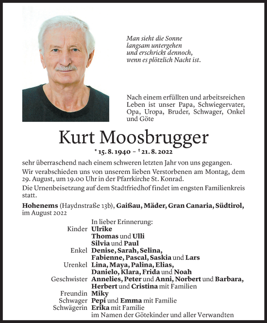 Todesanzeigen Von Kurt Moosbrugger Todesanzeigen Vorarlberger Nachrichten