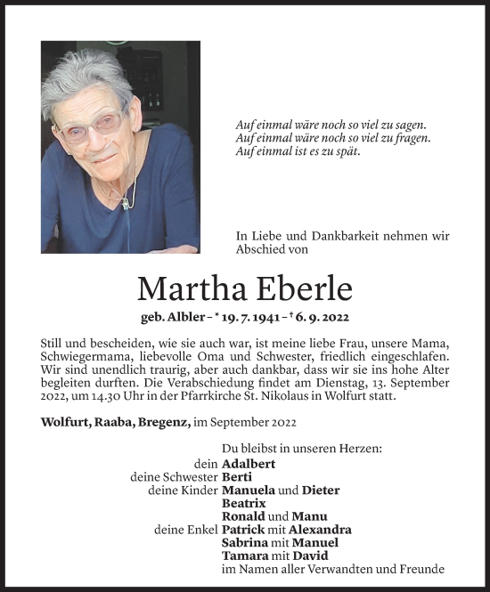 Todesanzeigen Von Martha Eberle Todesanzeigen Vorarlberger Nachrichten