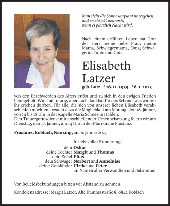 Todesanzeigen Von Elisabeth Latzer Todesanzeigen Vorarlberger Nachrichten