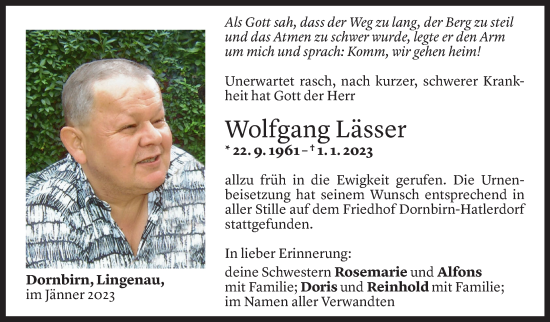 Todesanzeigen von Wolfgang Lässer Todesanzeigen Vorarlberger Nachrichten