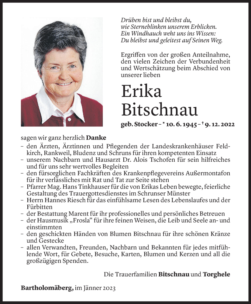 Todesanzeigen Von Erika Bitschnau Todesanzeigen Vorarlberger Nachrichten