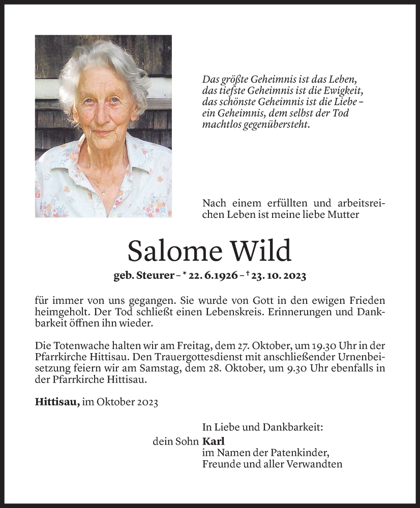 Todesanzeigen Von Salome Wild Todesanzeigen Vorarlberger Nachrichten