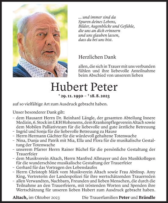 Todesanzeigen Von Hubert Peter Todesanzeigen Vorarlberger Nachrichten