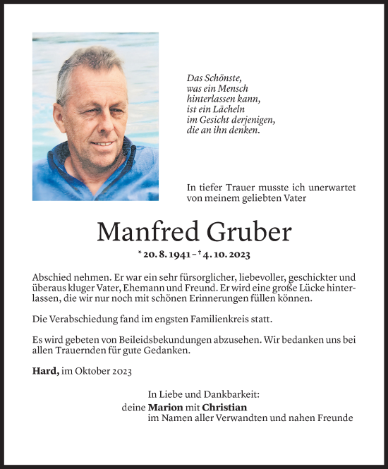 Todesanzeigen Von Manfred Gruber Todesanzeigen Vorarlberger Nachrichten