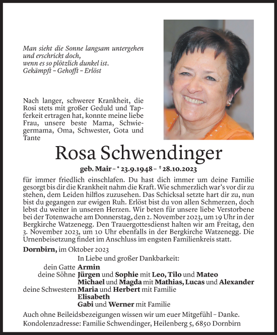 Todesanzeigen Von Rosa Schwendinger Todesanzeigen Vorarlberger