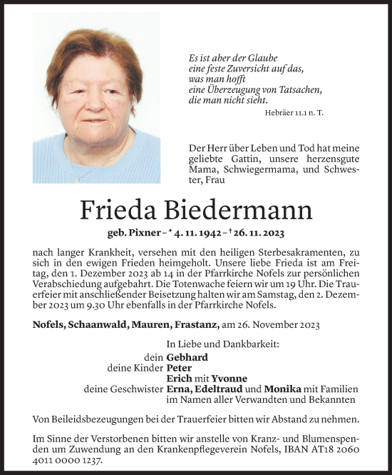 Todesanzeigen Von Frieda Biedermann Todesanzeigen Vorarlberger