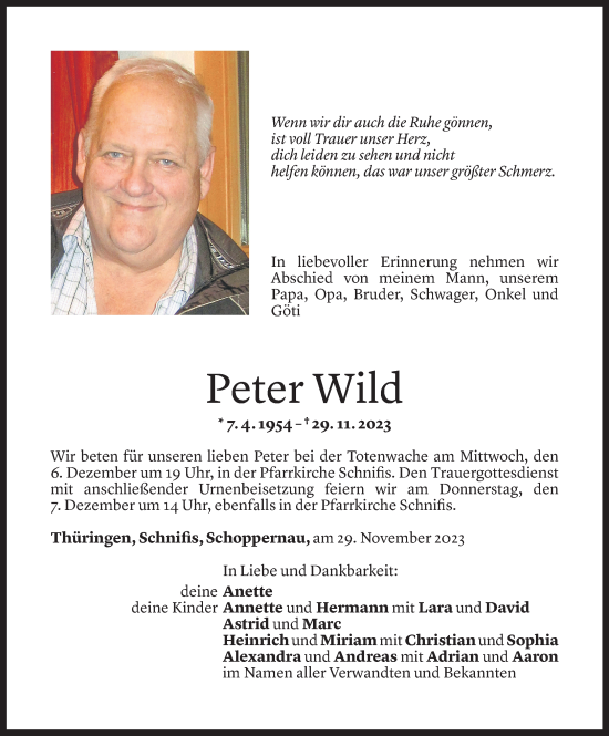 Todesanzeigen Von Peter Wild Todesanzeigen Vorarlberger Nachrichten