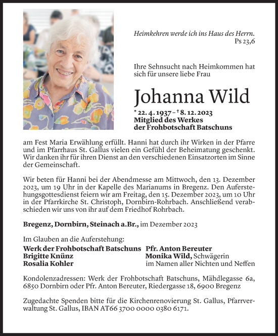 Todesanzeigen Von Johanna Wild Todesanzeigen Vorarlberger Nachrichten