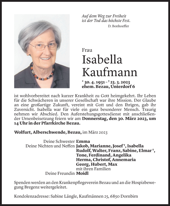 Todesanzeigen Von Isabella Kaufmann Todesanzeigen Vorarlberger