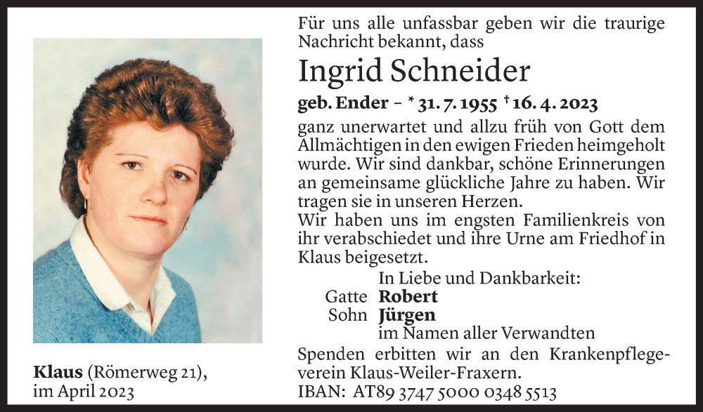 Todesanzeigen Von Ingrid Schneider Todesanzeigen Vorarlberger Nachrichten