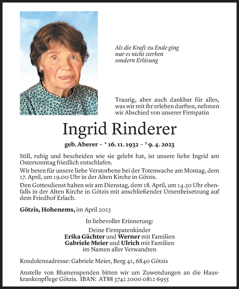 Todesanzeigen Von Ingrid Rinderer Todesanzeigen Vorarlberger Nachrichten