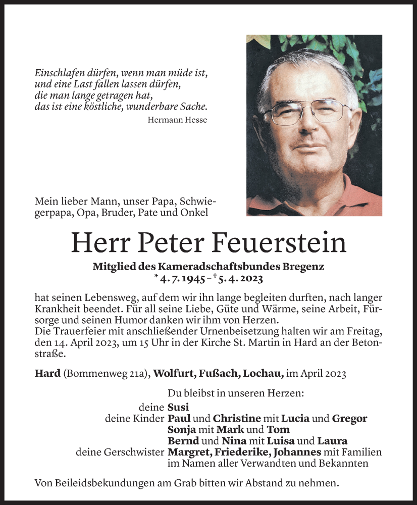 Todesanzeigen Von Peter Feuerstein Todesanzeigen Vorarlberger Nachrichten