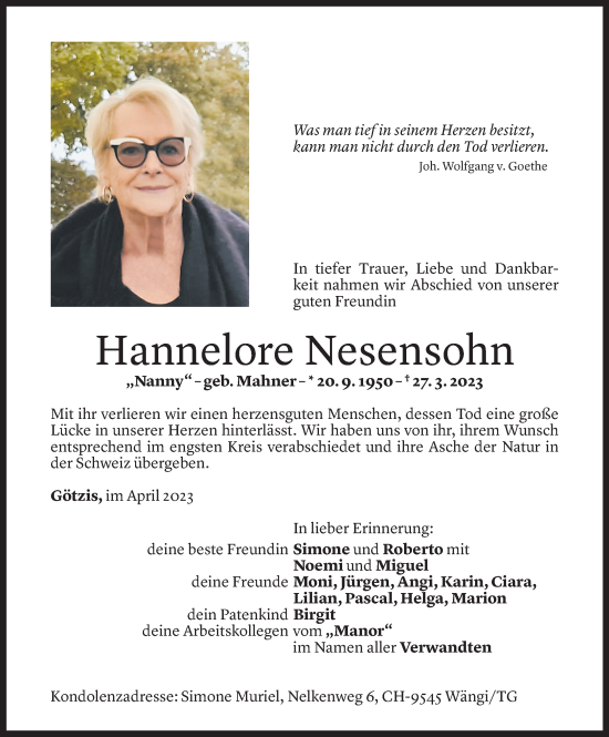 Todesanzeigen Von Hannelore Nesensohn Todesanzeigen Vorarlberger