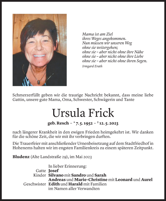 Todesanzeigen Von Ursula Frick Todesanzeigen Vorarlberger Nachrichten