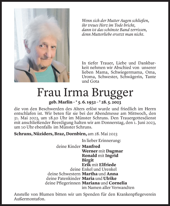 Todesanzeigen Von Irma Brugger Todesanzeigen Vorarlberger Nachrichten