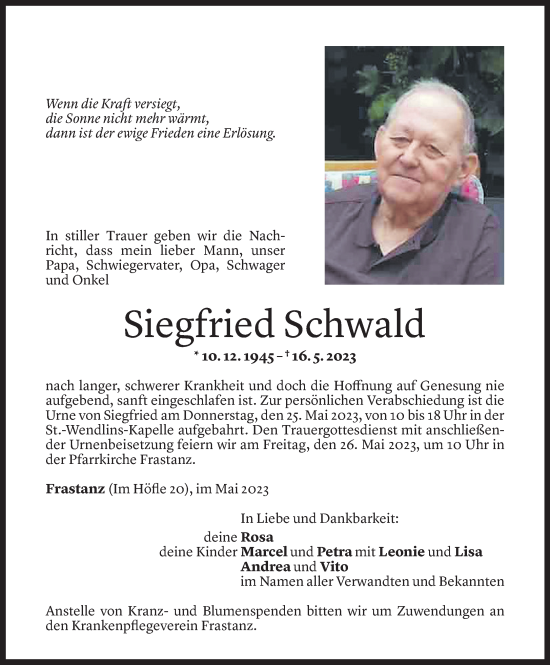 Todesanzeigen Von Siegfried Schwald Todesanzeigen Vorarlberger