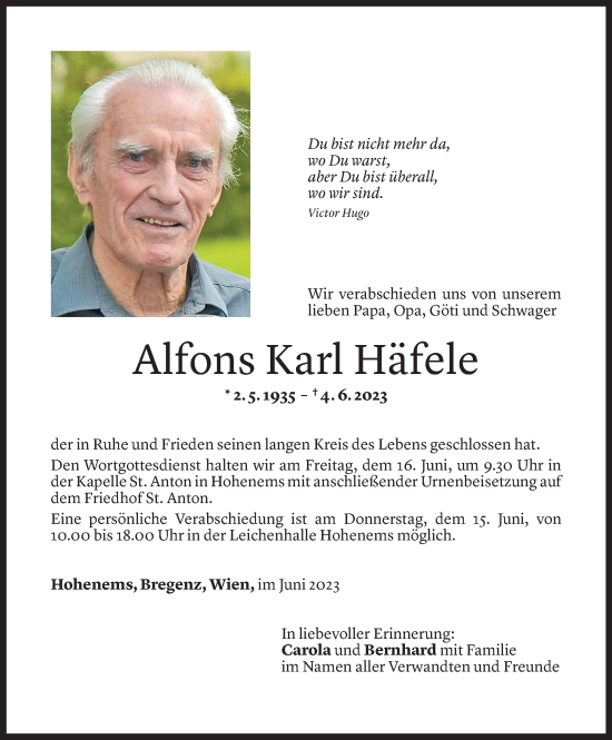 Todesanzeigen von Alfons Karl Häfele Todesanzeigen Vorarlberger