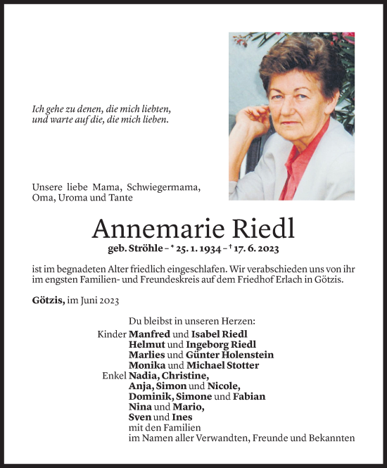 Todesanzeigen Von Annemarie Riedl Todesanzeigen Vorarlberger Nachrichten