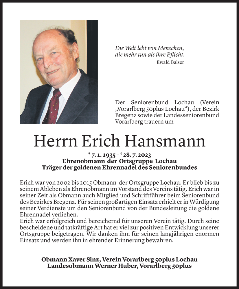 Todesanzeigen Von Erich Hansmann Todesanzeigen Vorarlberger Nachrichten