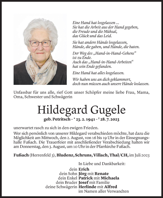 Todesanzeigen Von Hildegard Gugele Todesanzeigen Vorarlberger Nachrichten