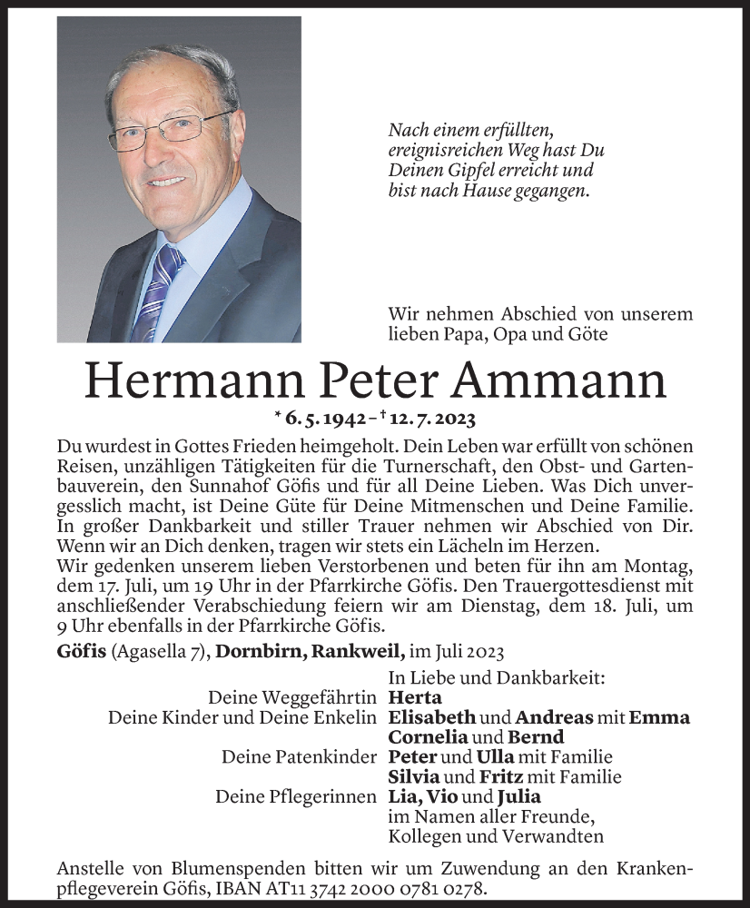 Todesanzeigen Von Hermann Peter Ammann Todesanzeigen Vorarlberger