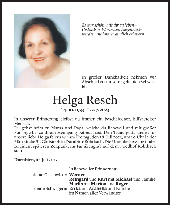 Todesanzeigen Von Helga Resch Todesanzeigen Vorarlberger Nachrichten