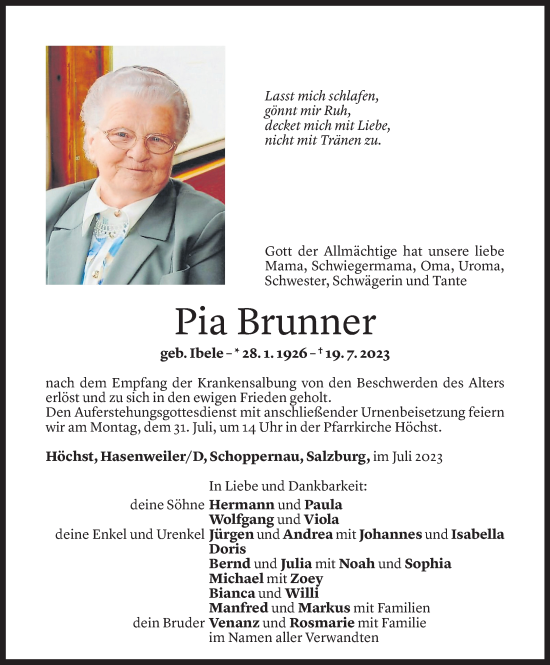 Todesanzeigen Von Pia Brunner Todesanzeigen Vorarlberger Nachrichten